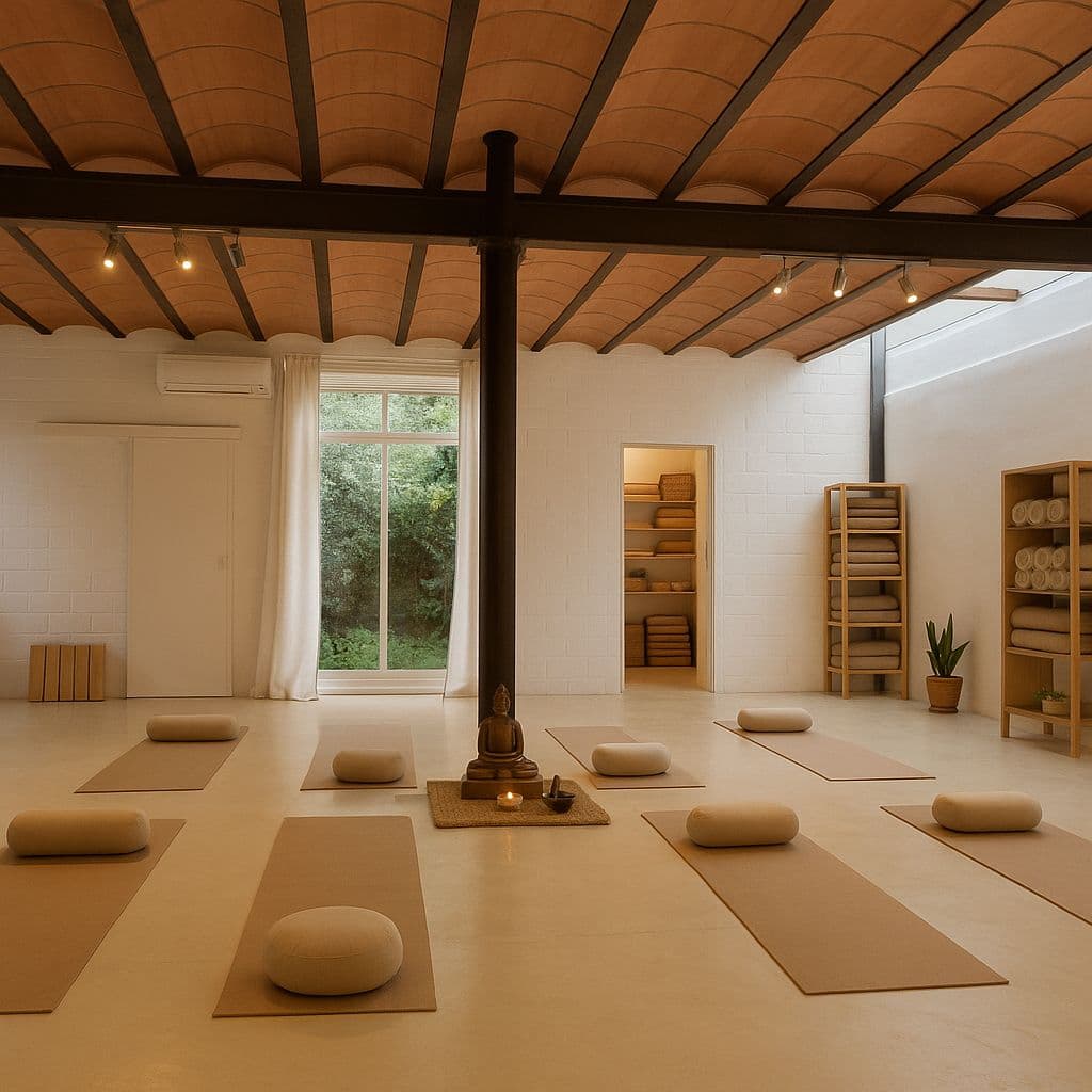 Espacio de práctica con esterillas y cojines de meditación